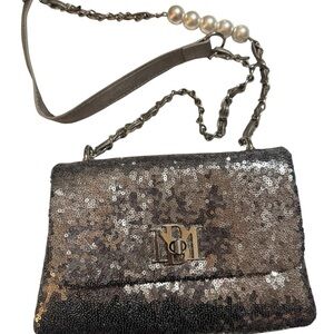 Badgley Mischka Silver Sequin Crossbody with Pearl-Trim Chain